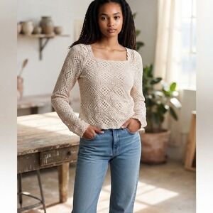 Everyday Chic Boardwalk Breeze Crochet Top Ecru Beige Square Neck Large NWT